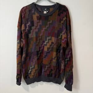 Peruvian Connection Alpaca Grandpa Sweater Colorful Geometric Pattern Crew Large
